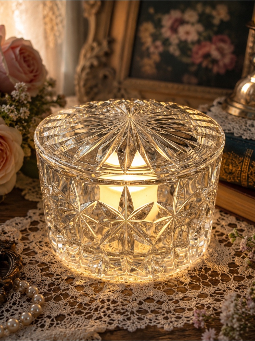 Vintage Clear Pressed Glass Starburst Fairy Lamp | Crystal Look Decor